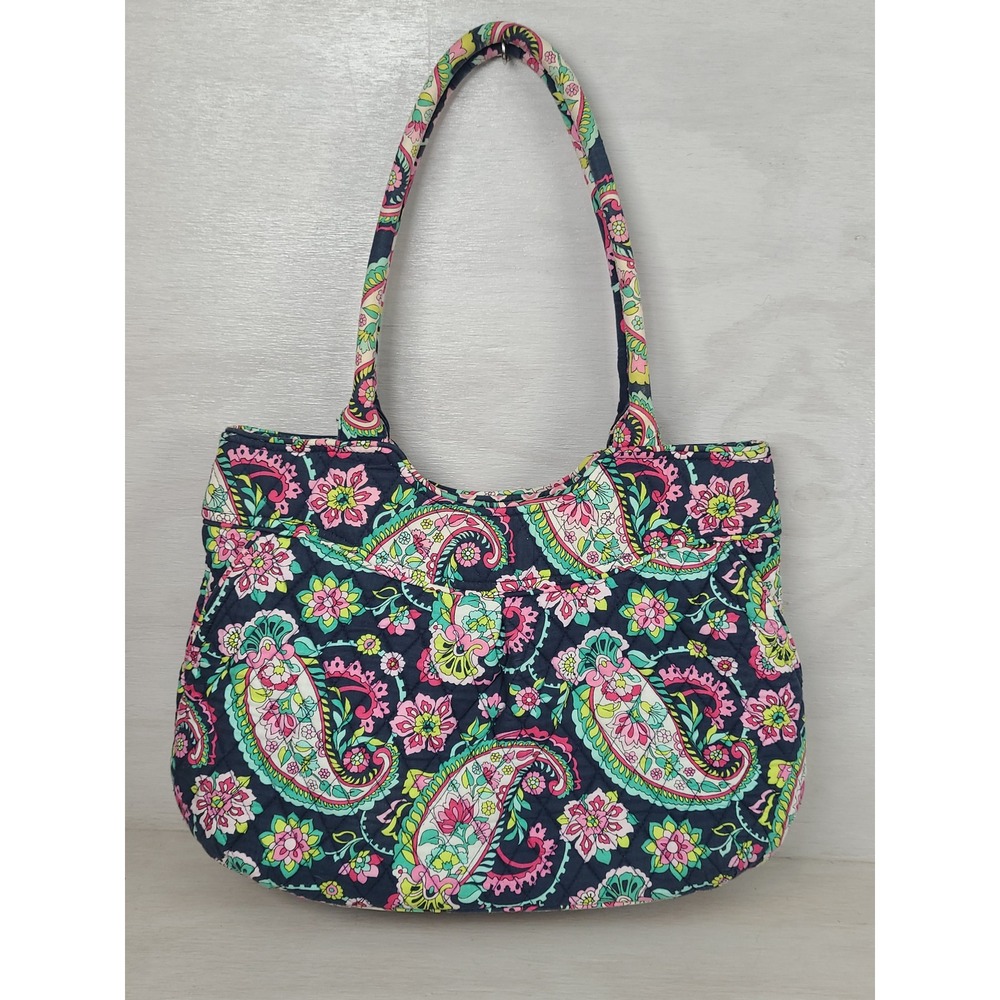 Vera Bradley Quilted Cotton Paisley Floral Tote Bag Navy Pink Green Shoulder Bag